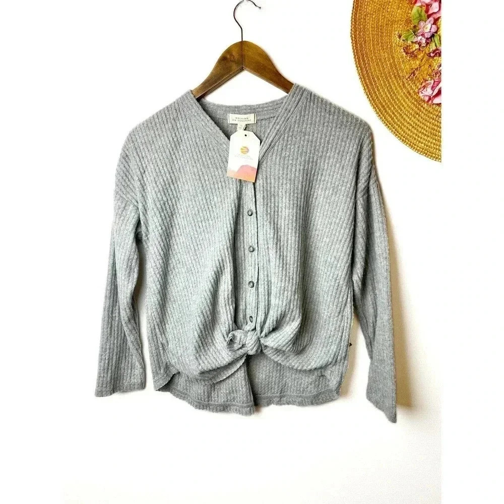 Walking On Sunshine Waffle Knit Top Button Front Sweater Long Sleeves‎ Gray XL